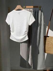 Everyssa Conjunto de 2 piezas de camiseta corta de manga corta con cuello redondo y cintura fruncida bordada de moda casual para mujer, y pantalones rectos de pierna suelta con estampado de rayas y cintura elástica con cordón - Multicolor - Ver 2