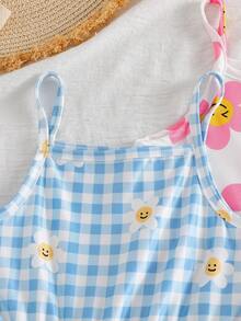 SHEIN Elladie kids 4-7岁女童三件套针织牛奶丝连体衣套装，甜美休闲度假风：纯色+大花朵图案+雏菊格纹印花，柔软舒适，适合宝宝日常穿着、幼儿园活动、户外玩耍，夏季百搭 - 彩色 - 查看 5