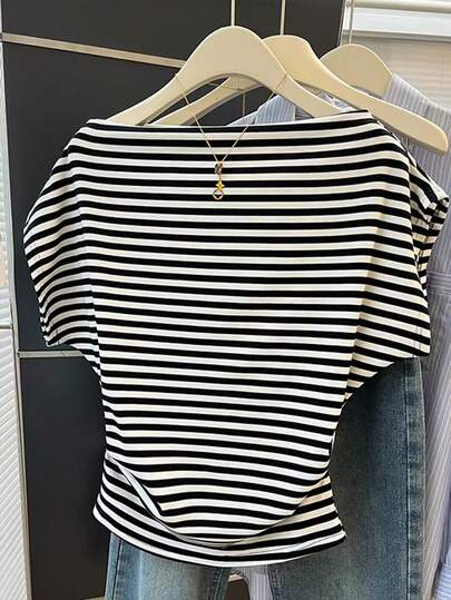 Everyssa Commuting Casual Retro Vacation Fashion Striped Versatile Waist Design Women T-Shirt