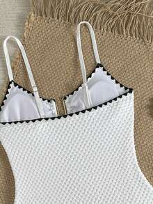 Swim Lushoire Traje de baño de una pieza ajustado, sexy, con escote en U, tirantes finos, textura especial, cuentas blancas y espalda hueca, para vacaciones de verano en la playa de las mujeres, 2026 nuevo - Blanco - Ver 8