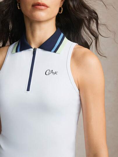 Activina Women's Letter Striped Zipper Design Sleeveless Sports Polo Shirt