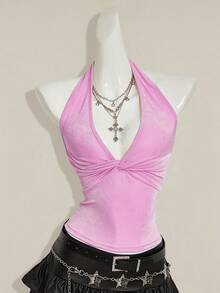 SHEIN ICON 女士纯色露背吊带扭褶修身休闲上衣 - 淺粉色 - 查看 4