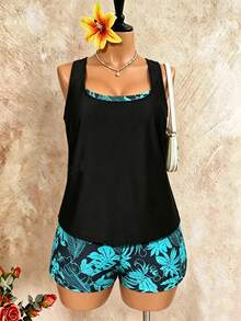 Swim Lushoire Plus Size Women 3pcs Plant Print Cross Back Bikini Set, Simple Sportswear Casual Vacation For Summer - Multicolor - View 8