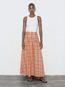 Maija Women's Casual Long Plaid Midi Skirt - Orange - View 1