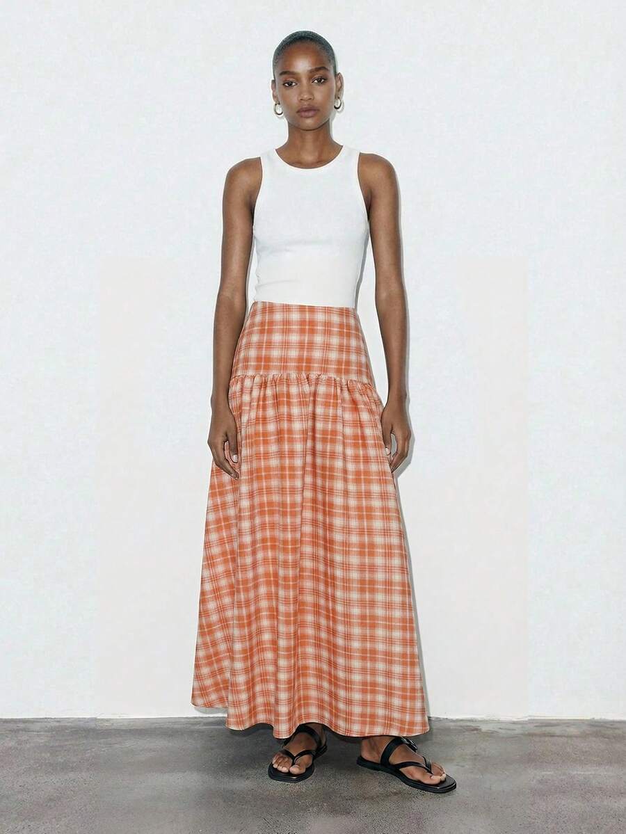 Maija Women's Casual Long Plaid Midi Skirt - Orange - View 1