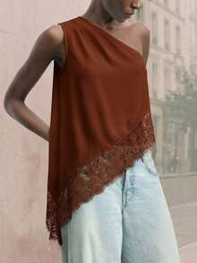 SHEIN Maija Áo kiểu nữ không tay vai lệch, màu trơn, xếp ly, thích hợp cho mùa xuân, hè, đầu thu, dịp Quốc khánh, mùa tốt nghiệp. - màu nâu - Xem 7