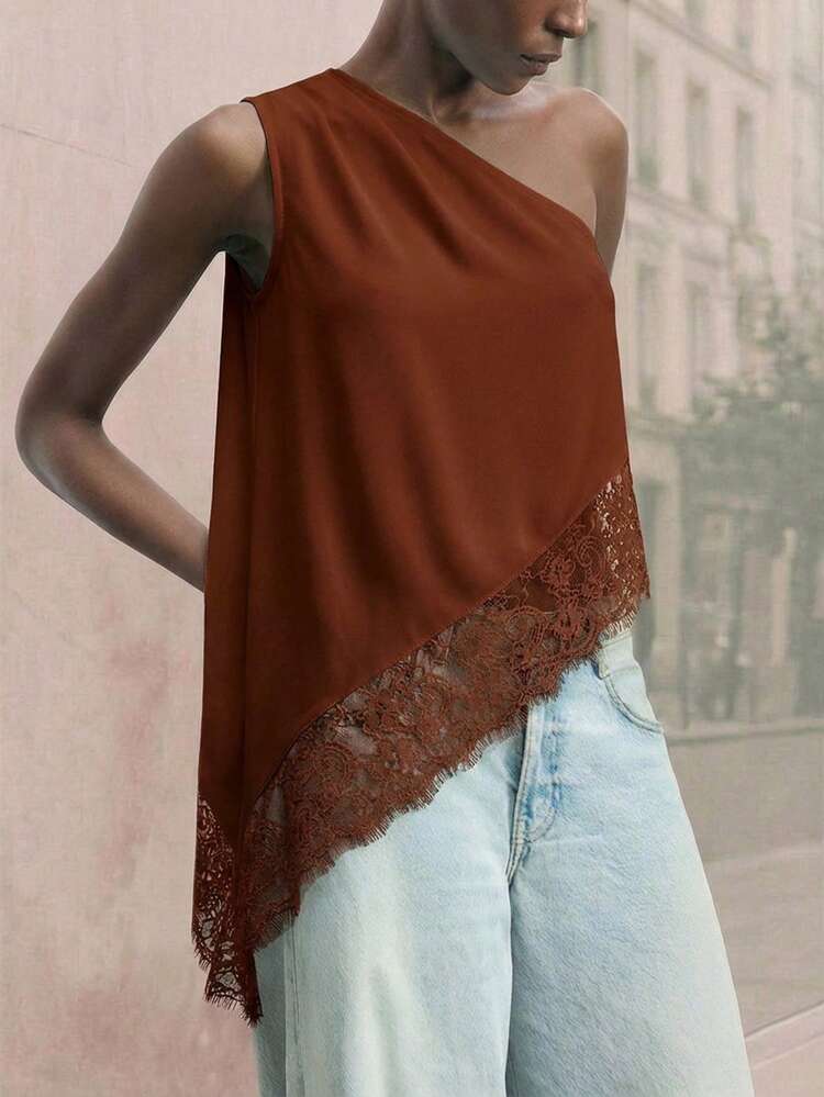 SHEIN Maija Women's Elegant Rust Brown Summer Asymmetrical Shoulder Top,Sleeveless Pleated Blouse,Date Night Casual Top For Graduation Season & Early Autumn