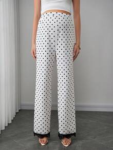 Momance 女士休闲波点直筒裤，饰有优雅撞色蕾丝边，孕妇裤 - 彩色 - 查看 5