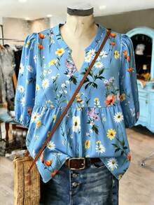 Linhara 大码女士亚麻度假衬衫 - 藍色 - 查看 1