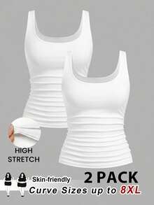 SHEIN CURVE+ 2pcs Plus Size Women Casual Crew Neck Ruched Waist Fitted Tank Top Set, Versatile For Daily Wear - White - View 1