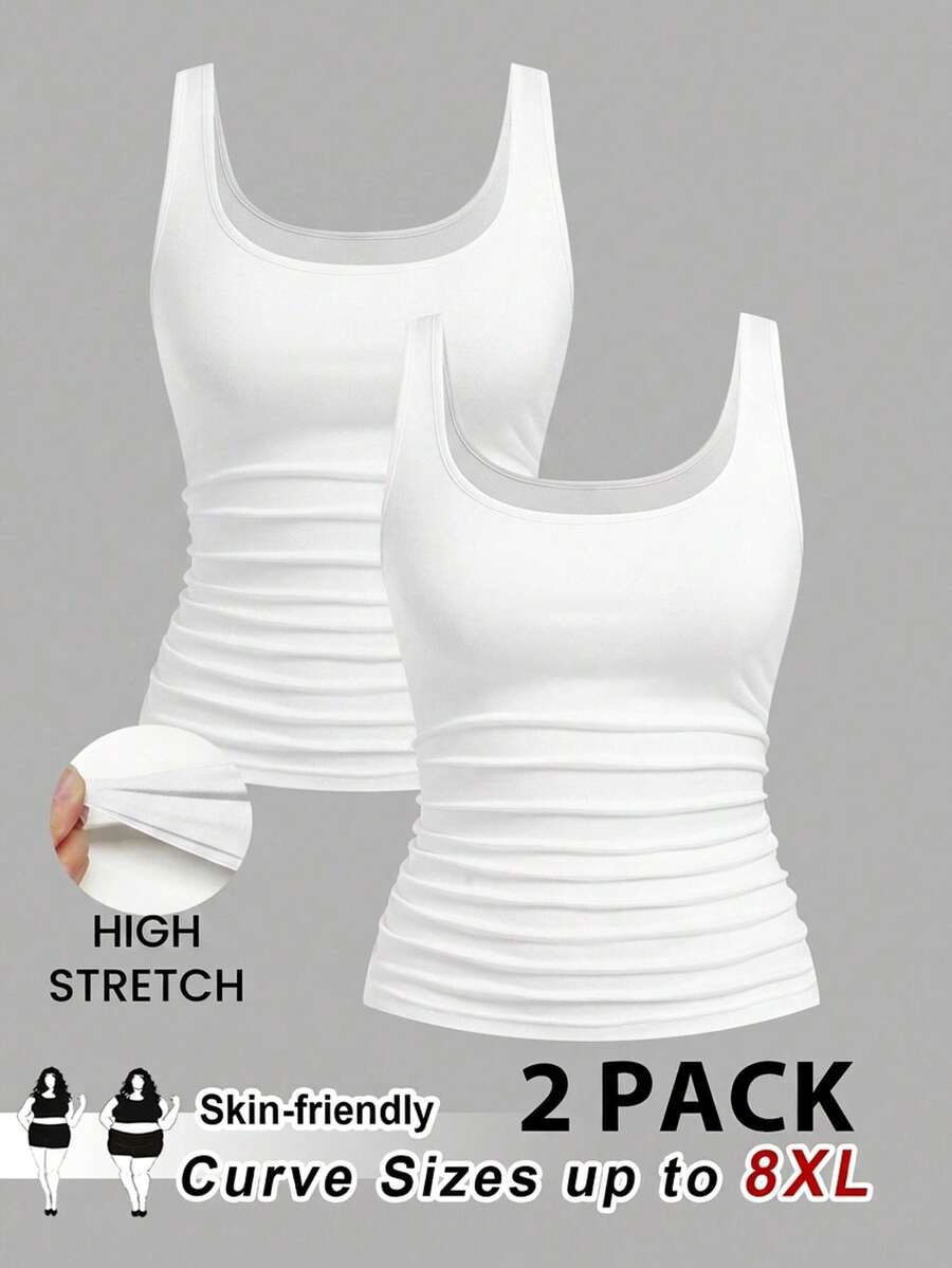 SHEIN CURVE+ 2pcs Plus Size Women Casual Crew Neck Ruched Waist Fitted Tank Top Set, Versatile For Daily Wear - White - View 1