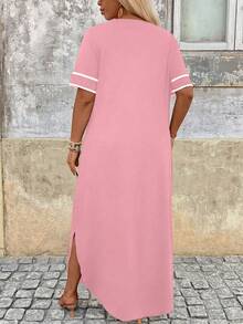 Breezaya Plus Size Color Block V-Neck Short Sleeve Casual Summer Dress - Baby Pink - View 2