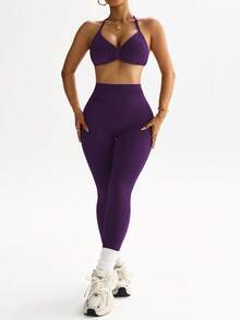 SHEIN Sports 大码女式纯色褶皱吊带背心和紧身裤运动套装 - 紫色 - 查看 8