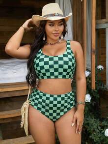 SHEIN Swim Curve Plus Size Women's Black & White Plaid Tankini Swimsuit Set, Casual & Vacation - Green - View 5