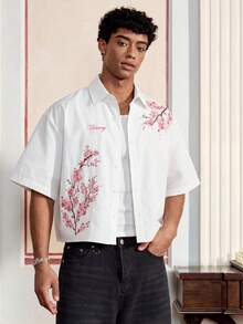 SWAVVY Camisa casual de manga corta con un solo pecho y estampado de flores de cerezo para hombres - Blanco - Ver 2