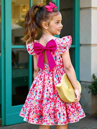 SHEIN Elladie kids Girls' Elegant Floral Bow Print Round Neck Flare Sleeve Hollow Back Bow Decor Waist Ruffle Hem Casual Fashionable Dress, Suitable For Vacation & Travel, Summer Tea Party Dress Girl Young Girl Dresses Childrens Dresses Toddler Girl Dress Kids Floral Dress Summer Dress Bubble Dress For Kids Floral Dress For Girl Butterfly Dress For Girls Charming Kids Dresses Kids Clothes Girls Floral Dress Floral Print Dresses For Girls Children Clothes For Girls Spring Dresses For Girls Tea Party Dresses For Gir