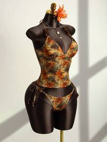 Zestiva Bộ bikini hai mảnh in họa tiết tie-dye dành cho nữ, thích hợp mặc đi biển mùa hè, với dây đeo cổ đính hạt. - Nhiều màu - Xem 6