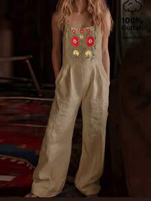 Balvessa Bộ áo liền quần yếm nữ họa tiết thêu hoa, kiểu dáng thường ngày, thích hợp mặc hàng ngày. - Lạc đà - Xem 1