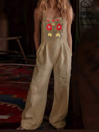 Balvessa Bộ áo liền quần yếm nữ họa tiết thêu hoa, kiểu dáng thường ngày, thích hợp mặc hàng ngày.