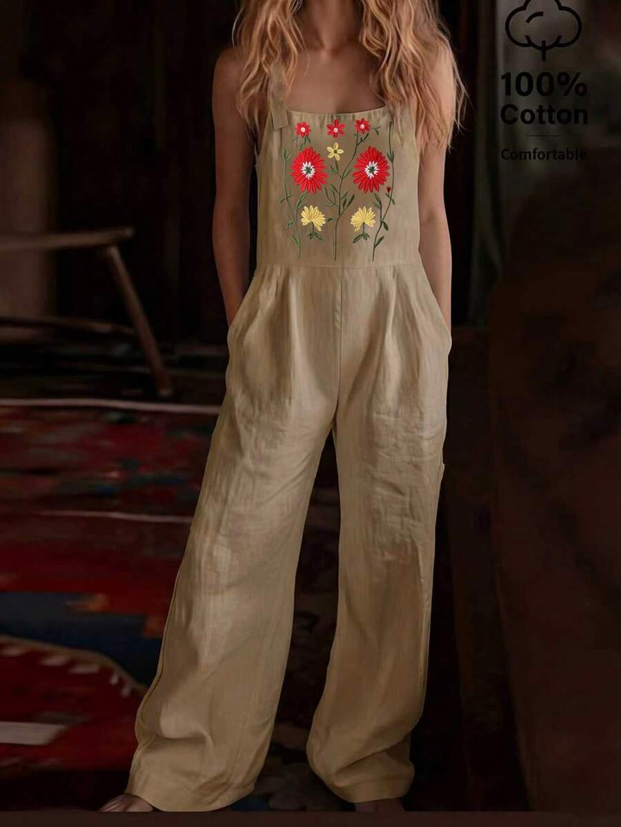 Balvessa Bộ áo liền quần yếm nữ họa tiết thêu hoa, kiểu dáng thường ngày, thích hợp mặc hàng ngày. - Lạc đà - Xem 1