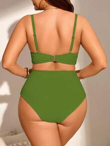 Swim Lushoire Conjunto de bikini tankini de talla de unicolor con recogido para la playa de verano - Verde - Ver 2