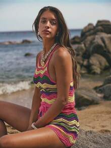 Swim Vcay 2pcs/Set Young Women's Elegant Multi-Color Knitted Top & Shorts Vacation Outfit For Summer - Multicolor - View 7