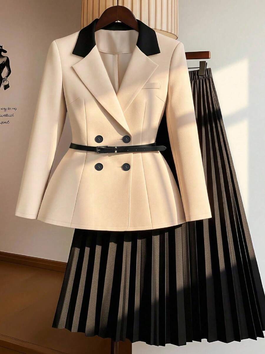 SHEIN CURVE+ 大码女式休闲撞色腰带西装外套和百褶中长裙两件套 - 彩色 - 查看 1
