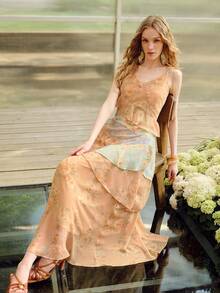 MOTF PREMIUM WOMEN'S FASHIONABLE LIGHT BLUE FLORAL LONG DRESS VACATION SUMMER BOHO - Orange - View 6