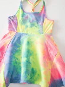 SHEIN Young Girl Tie-Dye Print Criss-Cross Back Sports Dress - Multicolor - View 6