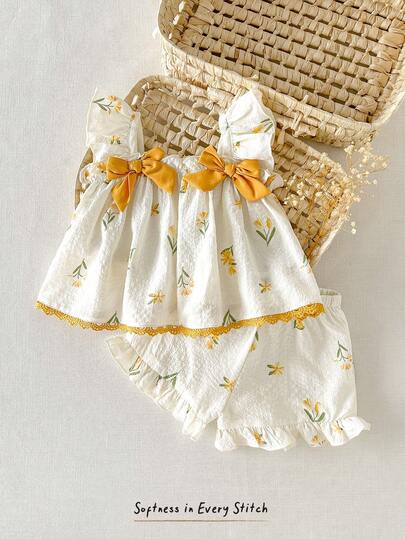 Cozy Pixies 女婴/幼儿女童夏季可爱碎花荷叶袖上衣和松紧腰短裤套装