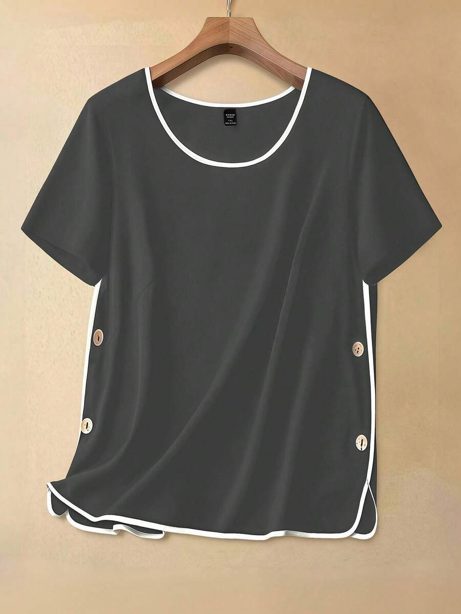SHEIN LUNE Áo sơ mi ngắn tay cài cúc tối giản, dáng rộng dành cho nữ cỡ lớn, đa năng, phù hợp mặc hàng ngày. - Màu xám đen - Xem 1
