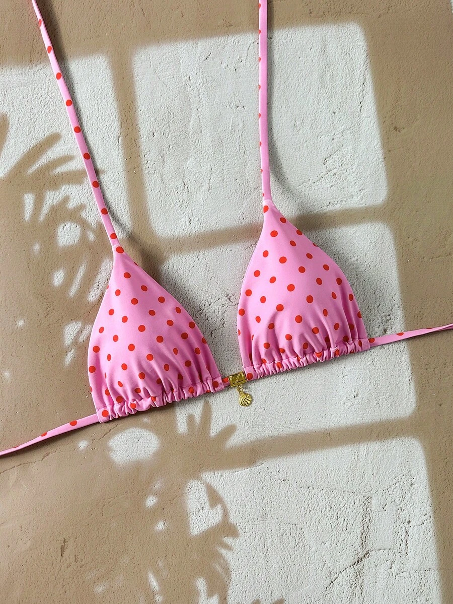 SHEIN Swim Mod 随机金色贝壳印花露背比基尼上衣，性感泳装上衣，适合夏季度假 - 粉色 - 查看 1