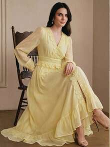 Anewsta Elegant Luxury Lace Patchwork Slim Fit Long Dress, Suitable For Spring To Summer, Dresses Party, Women, Floral - Light Yellow - View 4