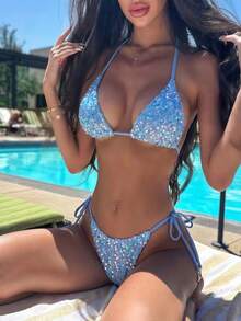 Swim Mod 2pcs Women's Premium Sequined Floral Embroidered Halter Neck Triangle Bikini Set With Tie Side Detail, Summer - Blue - View 1