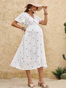 Boho Mama Đầm cho con bú tay ngắn, họa tiết trái tim, viền bèo nhún. - Đỏ - Xem 5