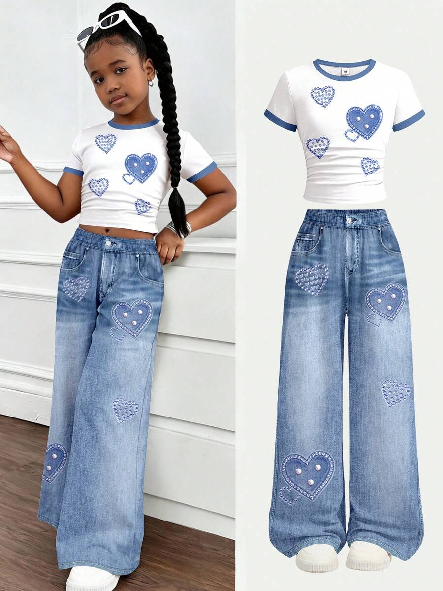 Tween Girls 2-Piece Casual Fitted Waist Ruched T-Shirt And Relaxed Fit Pants Set, Suitable For Casual, Street Style, Outings, Vacations, Homecoming, Back To School, Spring & Summer - Multicolor - View 1