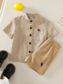 SHEIN Playful Pals 6-36个月男女宝宝两件套，卡其色条纹小熊印花短袖衬衫+纯色松紧腰短裤，儿童休闲夏季服装套装 - 卡其色 - 查看 4