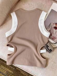 INAWLY Atasan Camisole Wanita Kasual Musim Panas dengan Blok Warna dan Bagian Dalam Berongga - Unta - View 4