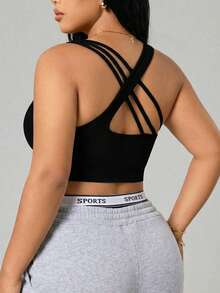 SHEIN Sports Plus Size Seamless Black Sports Bra For Women,Summer Athletic Curve Gym Tops,Strappy Back Spaghetti Straps Crop Top Activewear Athletic Tops - Black - View 1