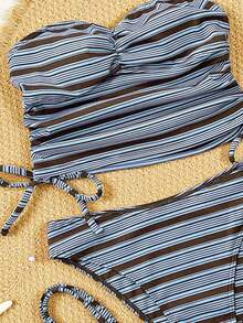 Swim SXY Bộ bikini đi biển thường ngày 2 mảnh màu xanh dương và nâu kẻ sọc, chất liệu vải jacquard, dây đeo vai mảnh có thể tháo rời, phần eo xếp ly phía trước và có dây rút, dành cho nữ. - Nhiều màu - Xem 3