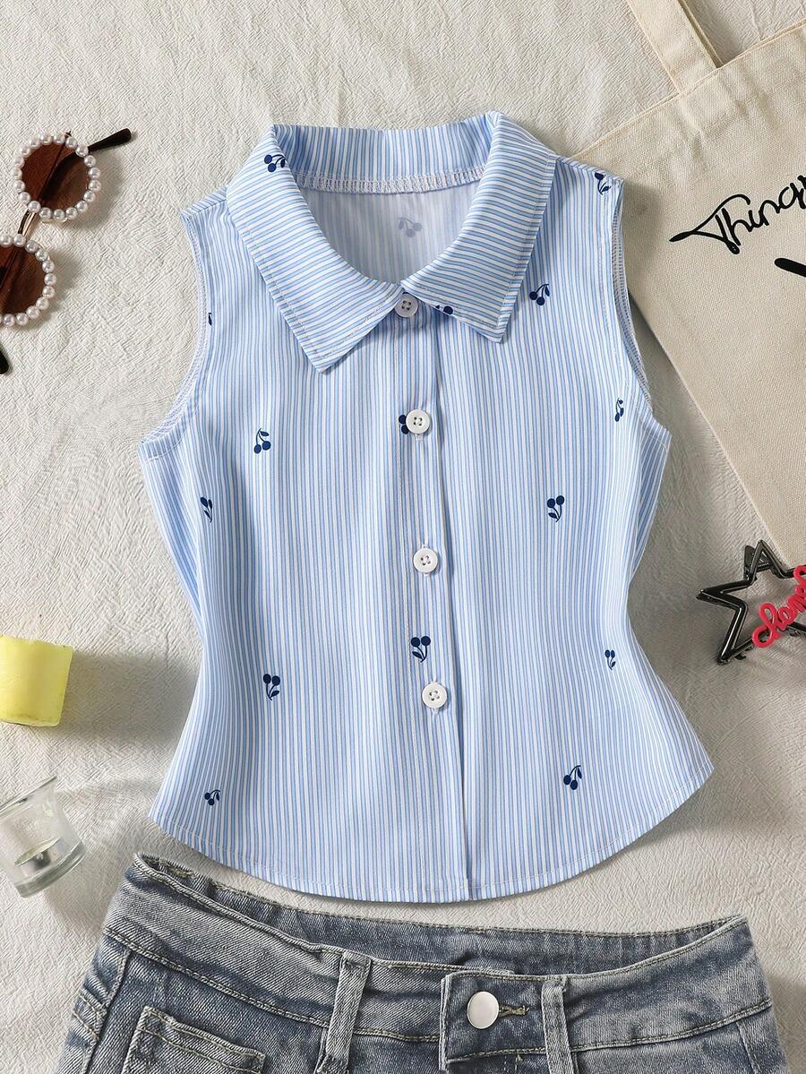 SHEIN Áo không tay in hình quả anh đào kẻ sọc, kiểu dáng thường ngày, dành cho bé gái tuổi teen, thích hợp mặc mùa hè. - Nhiều màu - Xem 1