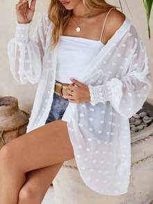 Plus Size Women's Solid Color Textured Chiffon Cutout Jacquard Chiffon Cover Up, Mid-Length Sleeve Gathered Lantern Sleeve Sun Protection Shawl Collar Open Front Irregular Hem Elegant Cover Up, Suitable For Beach, Vacation, Casual, Commute, Summer New Arrival Chiffon Cover Up Top, Loose Fit, Versatile, Holiday - White - View 5