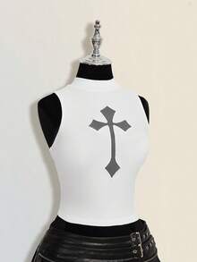 SHEIN ICON 女士修身休闲交叉透视高领背心 - 白色 - 查看 8