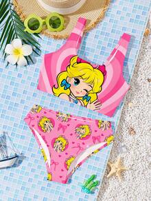 Bộ đồ bơi kiểu dáng thường ngày dễ thương dành cho bé gái tuổi teen, gồm áo hai dây và quần bikini họa tiết trái tim và nơ, thích hợp cho mùa hè. - Nhiều màu - Xem 3