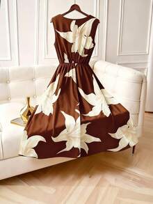 GlowEve CURVE 大码女式优雅无袖印花连衣裙，腰部系带蝴蝶结 - 棕色 - 查看 2