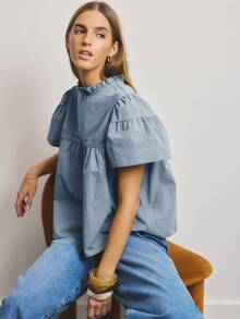 SHEIN Aralina-E Áo kiểu nữ màu trơn, chất liệu lưới, thêu họa tiết, cổ bèo nhún. - Màu xanh lam - Xem 8