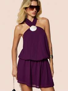 Olia Maree White Summer Casual Sexy Vacation Holiday Minimalist Ocean Shell Halter Sleeveless Short Dress,Elegant Office Golf Business Commute Resort Lila Outfit - Purple - View 1