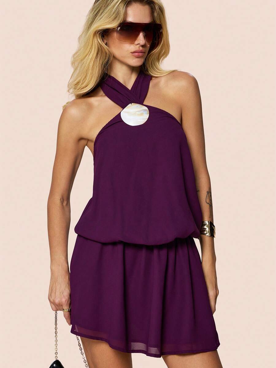 Olia Maree White Summer Casual Sexy Vacation Holiday Minimalist Ocean Shell Halter Sleeveless Short Dress,Elegant Office Golf Business Commute Resort Lila Outfit - Purple - View 1