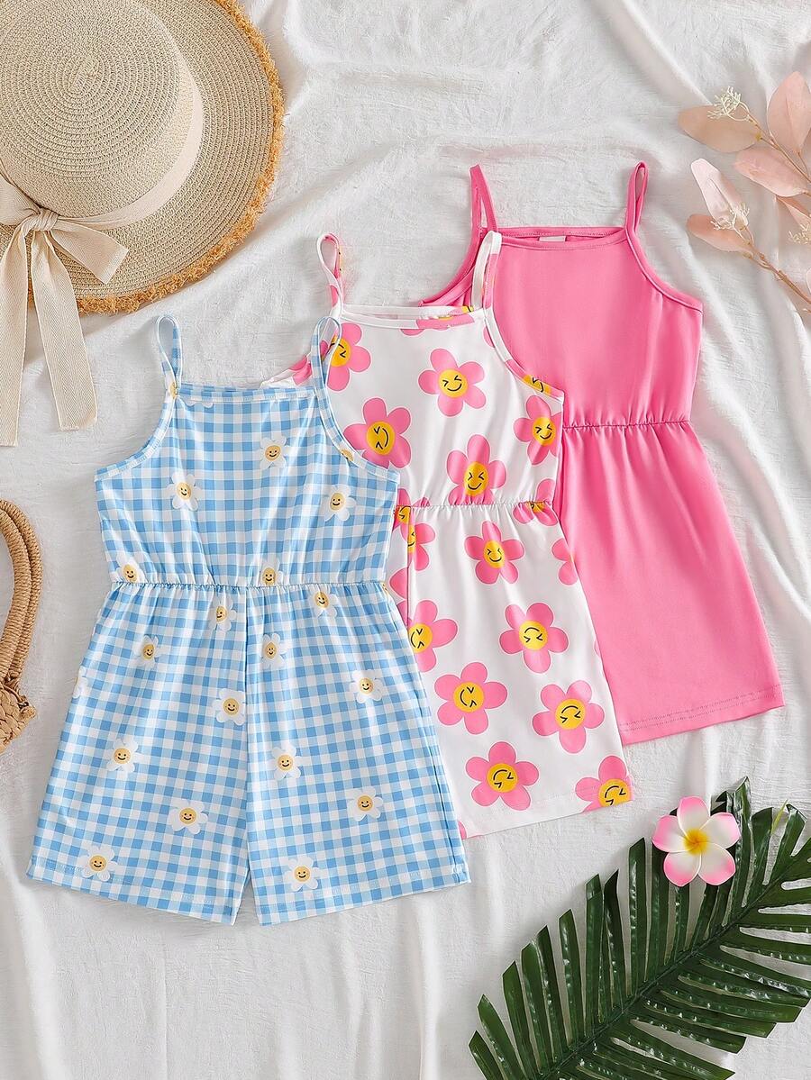 SHEIN Elladie kids 4-7岁女童三件套针织牛奶丝连体衣套装,甜美休闲度假风:纯色+大花朵图案+雏菊格纹印花,柔软舒适,适合宝宝日常穿着、幼儿园活动、户外玩耍,夏季百搭 - 彩色 - 查看 1