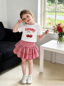 Genkimix Kids Setelan Motif Cherry untuk Anak Perempuan, Atasan Lengan Pendek Putih dan Rok Ruffle Kotak-kotak Merah, Musim Panas, Pakaian Serasi untuk Liburan Keluarga Anak-anak, Setelan Pakaian Manis 2 Potong - Merah - View 6